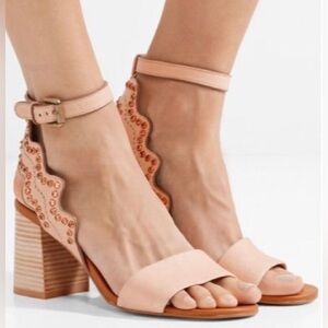 See by Chloe Nude Tan Scalloped Rhinestone Stud Leather Sandals 36 US 6 …